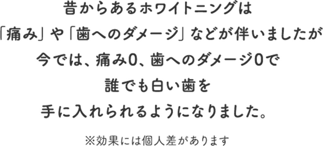 昔からあるホワイトニングは 「痛み」や「歯へのダメージ」などが伴いましたが 今では、痛み0、歯へのダメージ0で 誰でも白い歯を手に入れられるようになりました。